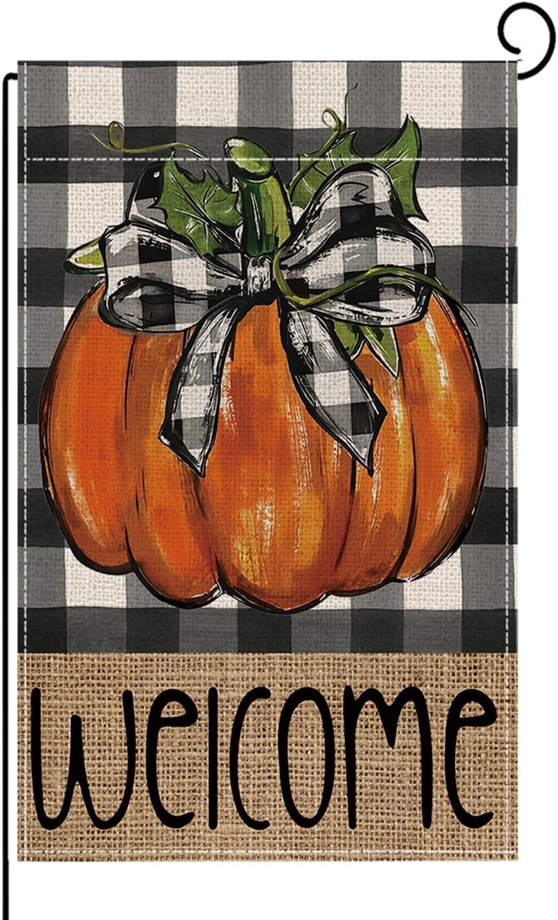 ONFAON Fall Decorations for Home, Fall Welcome Garden Flag Pumpkin Double Sided Decorative Flag，Autumn Thanksgiving Holiday Harvest Buffalo Plaid Yard Outdoor Decoration 12x18 Inch HYQ03 - Image 1